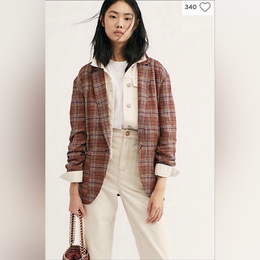 EUC Free People Slouchy Oversized Plaid Blazer, Size L